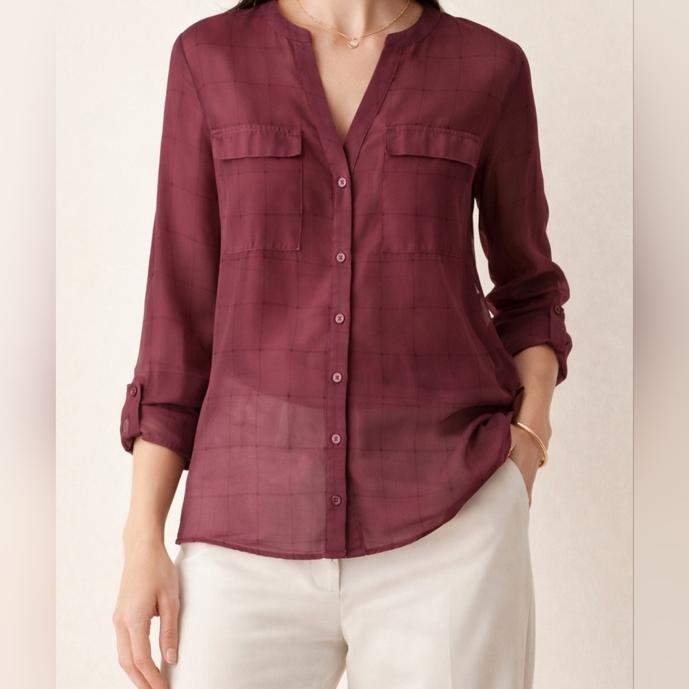 Covington Burgundy Sheer Blouse Large Windowpane Button Down Quiet Luxury Top